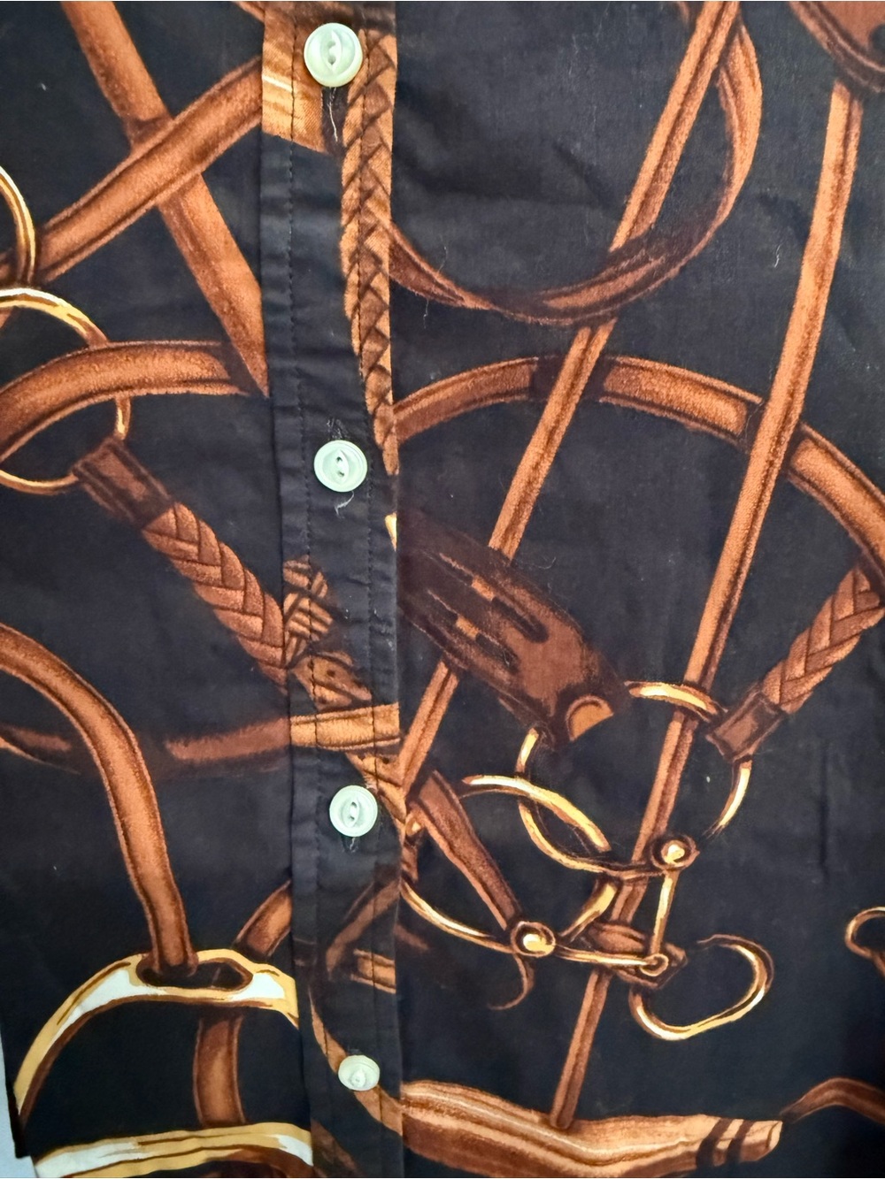 Women's Black Button-Down Shirt with Brown Bridle Print - Picture 2 of 6